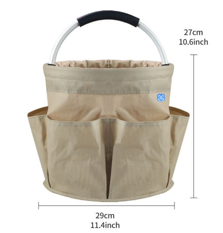 Khaki Foldable Oxford Cloth Round Picnic Basket with Padded Metal Handle - 6 Pocket Large Capacity Storage Tote for Outdoor Beach and Shopping