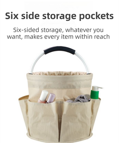 Green Foldable Oxford Cloth Round Picnic Basket with Padded Metal Handle - 6 Pocket Large Capacity Storage Tote for Outdoor Beach and Shopping