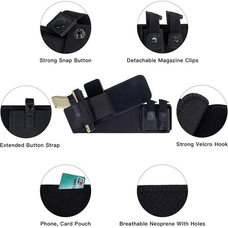 Black Multi-Functional Concealed Tactical Belly Band with Muti-Pouch and Holster - 48 inch Breathable Carry Belt for Outdoor Camping