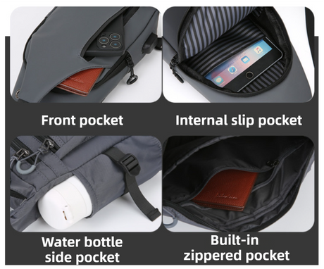 Blue Waterproof Unisex Chest Bag with USB Charging & Headphone Port  - 3-Layer Large Capacity PU Leather Crossbody Bag