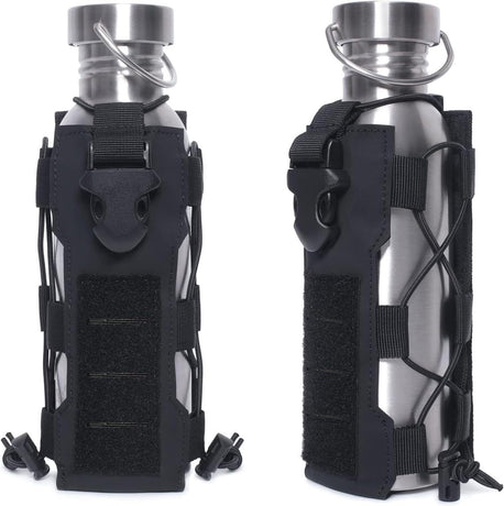 Black Adjustable Tactical Water Bottle Pouch - Multi-Functional MOLLE Compatible Accessory Bag for Hiking & Outdoor Survival