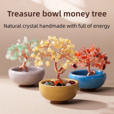 Natural Yellow Crystal Money Tree with Fortune Basin & Adjustable Wire Branches - Desktop Feng Shui Decor for Wealth and Prosperity