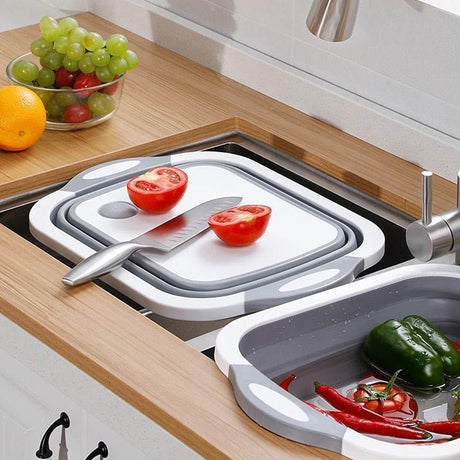 3-in-1 Grey Collapsible Cutting Board & Drain Basin & Storage Tub - Portable Multifunctional Food Grade Storage Basket(37x27x12cm)