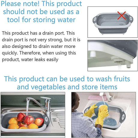 3-in-1 Grey Collapsible Cutting Board & Drain Basin & Storage Tub - Portable Multifunctional Food Grade Storage Basket(37x27x12cm)