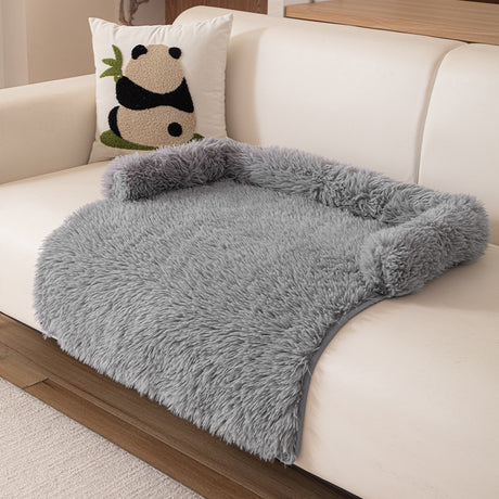 Grey Pet Sofa Protector & Calming Bolster Bed with Long Plush - 75x75CM Thickened Non Slip Furniture Cover for Cats & Dogs