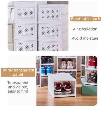 Transparent Grey 3-Layer Foldable Shoe Storage Tower with Transparent Display Panel & Back Ventilation - One-Pull Instant Setup Stackable Box (25.5x34.5x52.5CM)