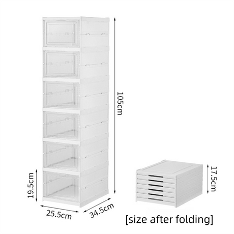 Transparent Grey 6-Layer Foldable Shoe Storage Tower with Transparent Display Panel & Back Ventilation - One-Pull Instant Setup Stackable Box (25.5x34.5x105CM)