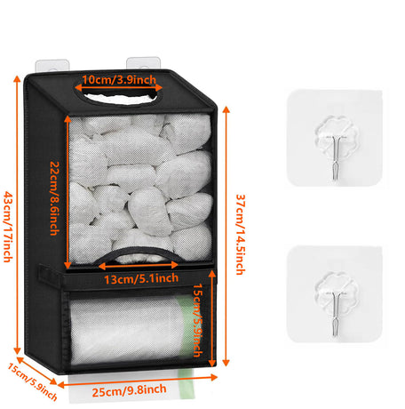 2-in-1 Black Kitchen Plastic Bag & Trash Bag Roll Dispenser - Hanging Grocery & Produce Bag Organizer (17.5x9.9x5.8 inch)