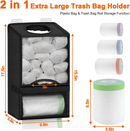 2-in-1 Black Kitchen Plastic Bag & Trash Bag Roll Dispenser(2 Pack) - Hanging Grocery & Produce Bag Organizer (17.5x9.9x5.8 inch)