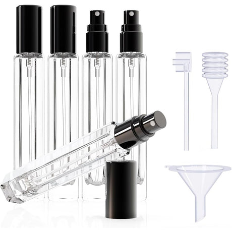5-Piece Black Premium Glass Travel Perfume Atomizer Set - 10ml Portable Refillable Sprayers with Transfer Tools