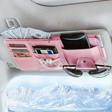 Pink Premium Leather Car Sun Visor Organizer - Secure Zippered Storage Pouch with Card, Document & Eyewear Clip