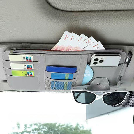 Grey Premium Leather Car Sun Visor Organizer - Secure Zippered Storage Pouch with Card, Document & Eyewear Clip