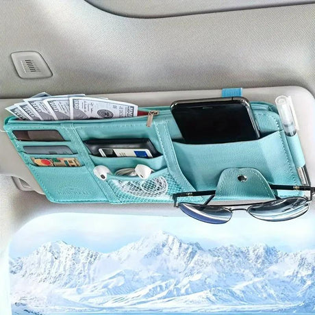 Blue Premium Leather Car Sun Visor Organizer - Secure Zippered Storage Pouch with Card, Document & Eyewear Clip