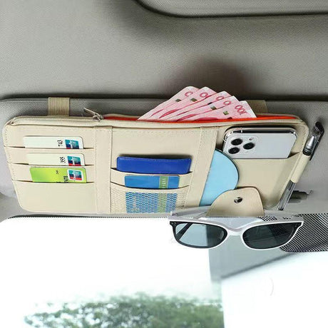 Beige Premium Leather Car Sun Visor Organizer - Secure Zippered Storage Pouch with Card, Document & Eyewear Clip