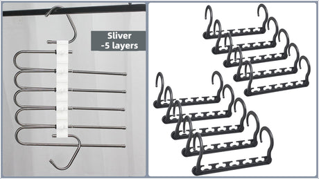 5-Tier Sliver Stainless Steel Pants Rack and 10-Pack Magic Cascading Hangers Set - Space-Saving Closet Organizer Kit