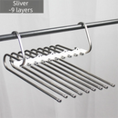 9-Layers Sliver Stainless Steel Pants Rack with Horizontal / Vertical Modes and Expandable Pull-Out Rods - High-Load Folding Magic Hanger
