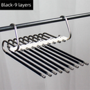 9-Layers Black Stainless Steel Pants Rack with Horizontal / Vertical Modes and Expandable Pull-Out Rods - High-Load Folding Magic Hanger