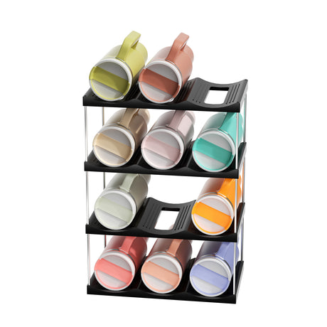 4-Tier Stackable Black Cup & Wine Organizer - Detachable Tumbler & Bottle Desktop Rack