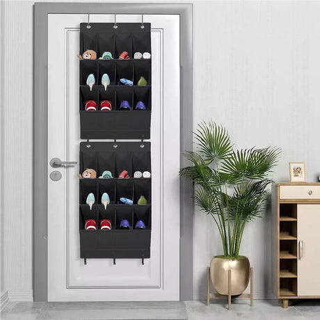 12-Pockets Black Collapsible Over-the-Door Hanging Storage Bag - Space-Saving Shoes & Sundries Wall Holder with Hooks