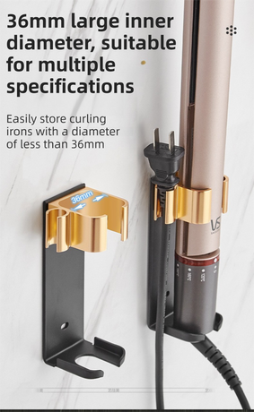 Large Black Wall-Mounted Aluminum Curling Iron Holder with Tidy Cord - Heat-Resistant Hair Straightener Storage Rack for Diameter ≥ 36mm