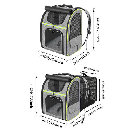 Grey and Green Large Expandable Cat Travel Backpack - Breathable & Collapsible Pet Carrier 62x34x43CM