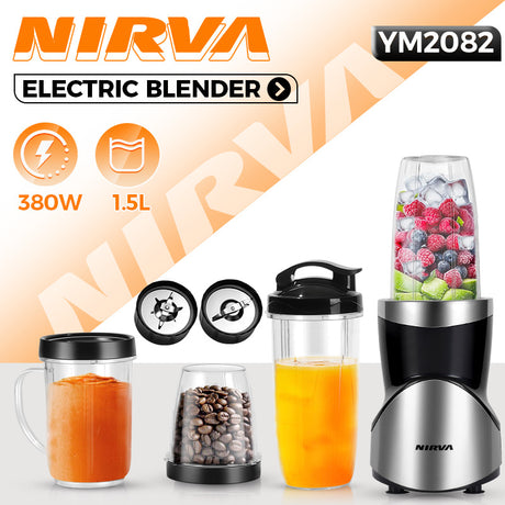 Professional Multifunctional Juicer with 4 Cups & 2 Blade Heads - 1.5L Large Capacity & 380W High Power Blender, Grinder & Smoothie Maker