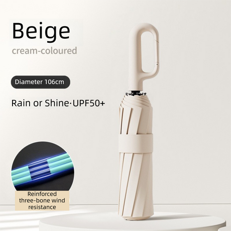 Beige Heavy Duty Fully Automatic Carabiner Umbrella with Integrated Hook Handle (Diameter 106CM) - Ultra Windproof and UV Protective Sun & Rain Umbrella