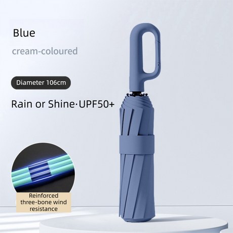 Blue Heavy Duty Fully Automatic Carabiner Umbrella with Integrated Hook Handle (Diameter 106CM) - Ultra Windproof and UV Protective Sun & Rain Umbrella