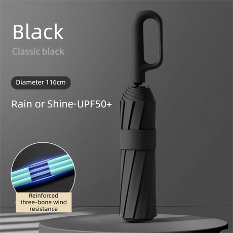 Black Heavy Duty Fully Automatic Carabiner Umbrella with Integrated Hook Handle (Diameter 116CM) - Ultra Windproof and UV Protective Sun & Rain Umbrella
