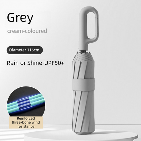 Grey Heavy Duty Fully Automatic Carabiner Umbrella with Integrated Hook Handle (Diameter 116CM) - Ultra Windproof and UV Protective Sun & Rain Umbrella