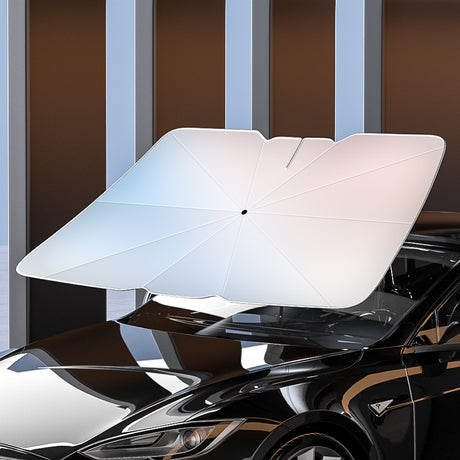 125x69CM Foldable Car Windshield Sun Shade Umbrella with Retractable Handle & Storage Case - Titanium Silver Heat Insulator, V-Neck Mirror Compatibility, Butterfly Edge Extension