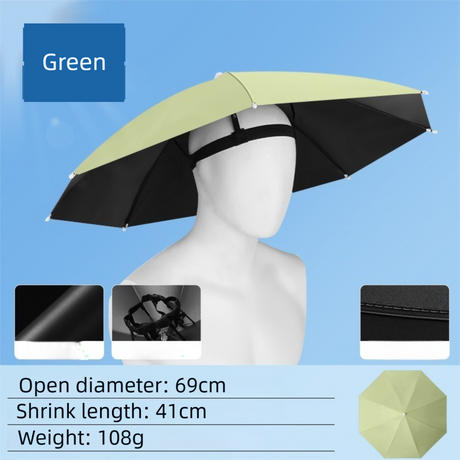 Green Foldable Sun & Rain Umbrella Hat (Diameter 69CM) - 99% UV Potective and Wind/Rainproof Fishing Umbrella with Elastic Headband