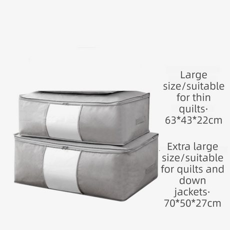 2-Pack Grey Large Quilt & Clothes Storage Bag (63X43X22CM) - Breathable Wardrobe Organizer with Clear Window & Double Zippers