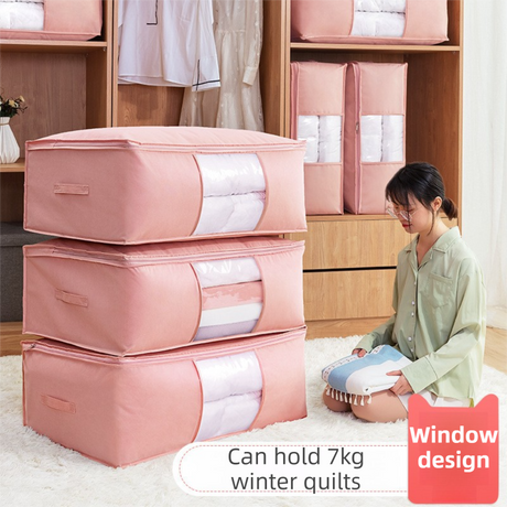 2-Pack Pink Extra Large Quilt & Clothes Storage Bag (63X43X22CM) - Breathable Wardrobe Organizer with Clear Window & Double Zippers