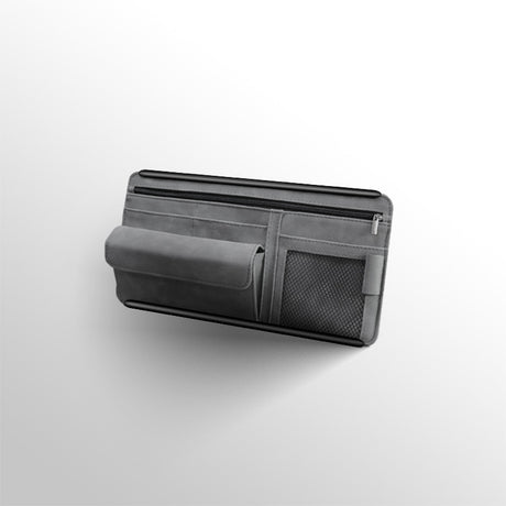 Grey Faux Suede Car Sun Visor Organizer with Spring Strap - Multi-Functional Eyewear Case & Card Holder