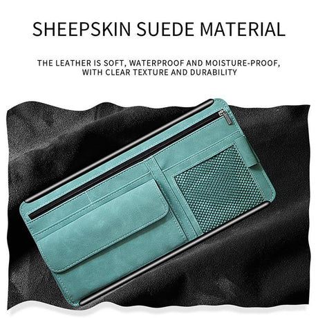 Grey Faux Suede Car Sun Visor Organizer with Spring Strap - Multi-Functional Eyewear Case & Card Holder