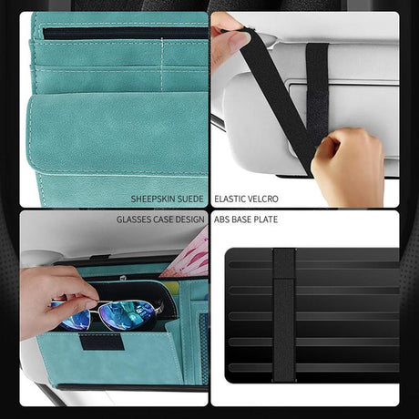 Grey Faux Suede Car Sun Visor Organizer with Spring Strap - Multi-Functional Eyewear Case & Card Holder