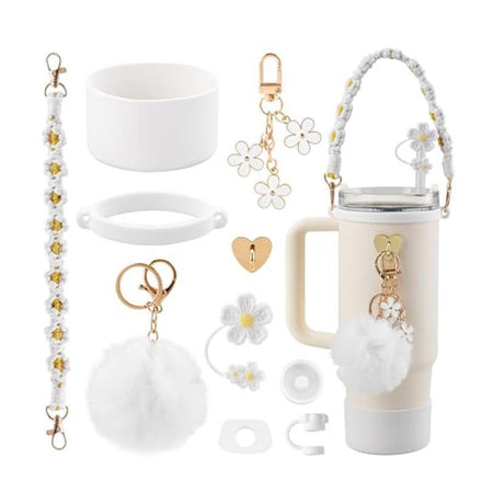10-Piece White Accessory Bundle for Stanley Quencher 30/40oz - Includs Premium Silicone Straw Covers, Protective Boot & Charms Set