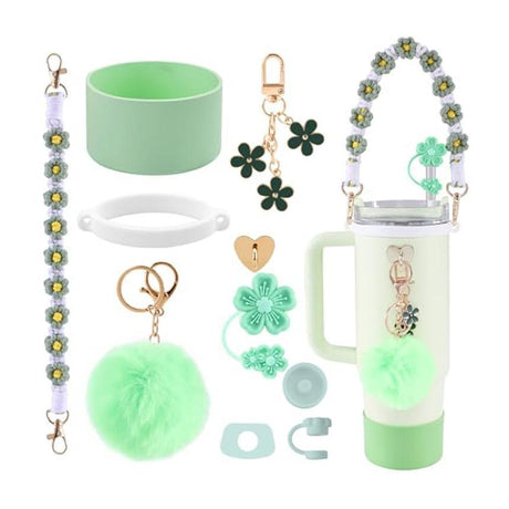 10-Piece Green Accessory Bundle for Stanley Quencher 30/40oz - Includs Premium Silicone Straw Covers, Protective Boot & Charms Set