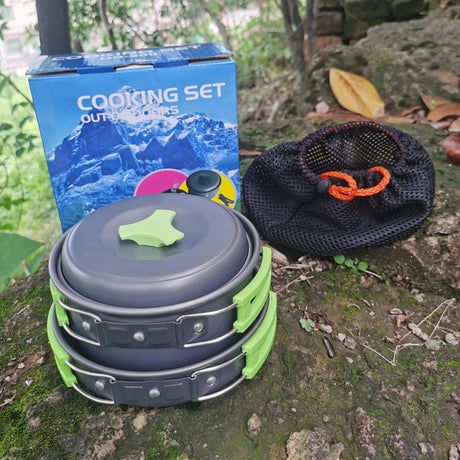 8-Piece Green Lightweight Outdoor Camping Cookware Set - 1/2 Person Portable High-Efficiency Thermal Cooking Nested Kit