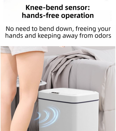 White Intelligent Dual-Sensor Trash Can (Hand-Wave & Knee-Bend) - Slim-Fit Touchless Battery-Powered Bin for Bathroom & Kitchen