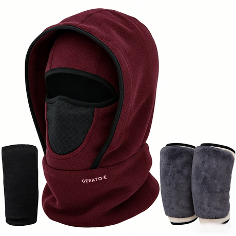 Windproof Thermal Rider Protection Set - 2 Pack Faux Rabbit Fur Knee Braces & Wine Red Fleece Balaclava Hood Outdoor Sports Warmth Bundle