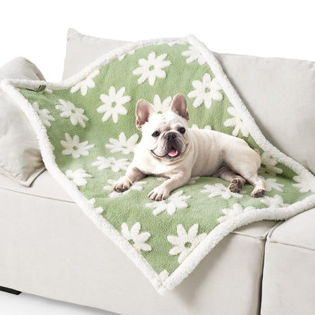 100 x 130 CM Waterproof Soft Sherpa Fleece Pet Blanket (Green Floral) - Reversible Thickened Furniture Protector for Dogs & Cats