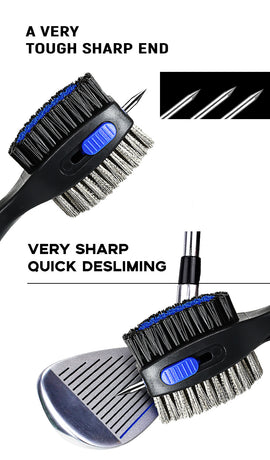 Blue Premium Golf Club Cleaning Brush Extra Large Head Dual Bristles Retractable Zip Line & Groove Cleaner Spike Anti-Slip Ergonomic Grip 29cm