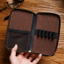 Brown Genuine Crazy Horse Leather Fountain Pen Case Zippered Organiser Pouch with 5 Elastic Loops & Mesh Pocket Vintage Stationery Holder
