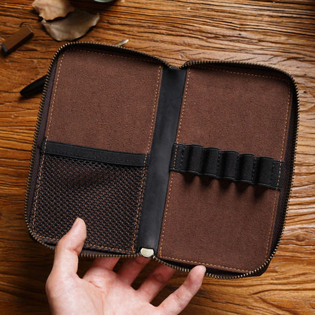 Brown Genuine Crazy Horse Leather Fountain Pen Case Zippered Organiser Pouch with 5 Elastic Loops & Mesh Pocket Vintage Stationery Holder