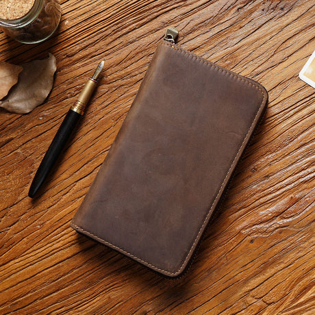 Coffee Genuine Crazy Horse Leather Fountain Pen Case Zippered Organiser Pouch with 5 Elastic Loops & Mesh Pocket Vintage Stationery Holder