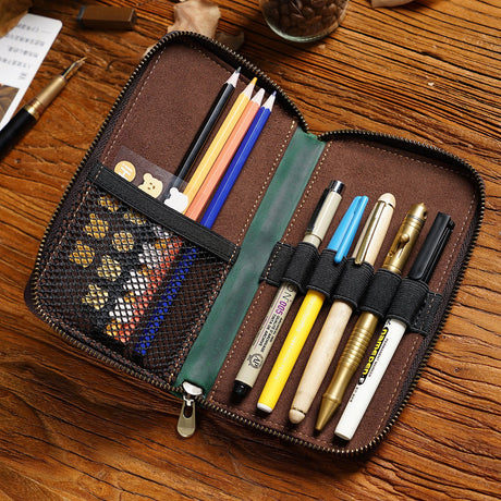 Coffee Genuine Crazy Horse Leather Fountain Pen Case Zippered Organiser Pouch with 5 Elastic Loops & Mesh Pocket Vintage Stationery Holder