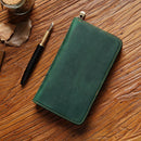 Green Genuine Crazy Horse Leather Fountain Pen Case Zippered Organiser Pouch with 5 Elastic Loops & Mesh Pocket Vintage Stationery Holder