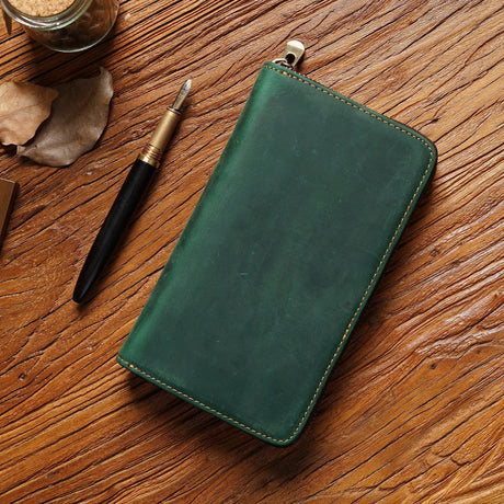 Green Genuine Crazy Horse Leather Fountain Pen Case Zippered Organiser Pouch with 5 Elastic Loops & Mesh Pocket Vintage Stationery Holder